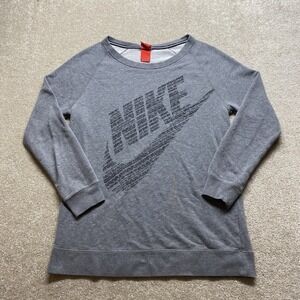 Nike Sweater Womens Small Gray Long Sleeve Pullover Crewneck Script Logo Graphic